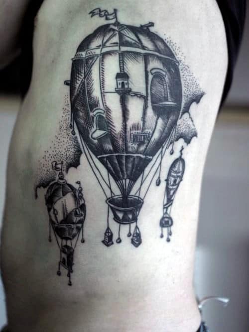 Rib Cage Side Guys Shaded Hot Air Balloon Tattoo Design