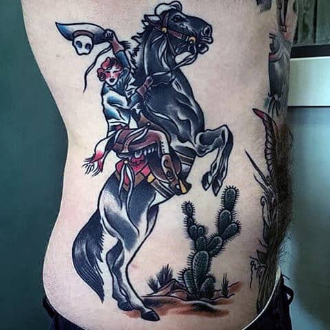 Rib Cage Side Horseriding Cactus Tattoo Design Inspiration