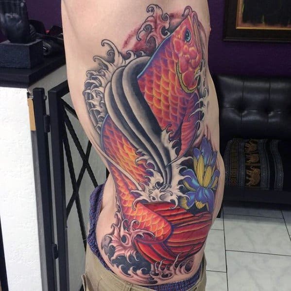 Rib Cage Side Japanese Waves Arowana Tattoo Designs For Guys