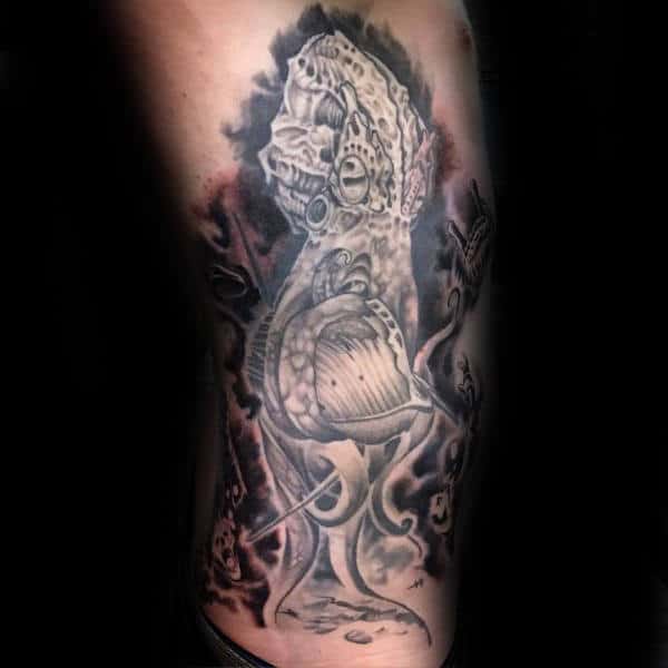Rib Cage Side Kraken Crushing Sailing Ship Male Tattoo Designs