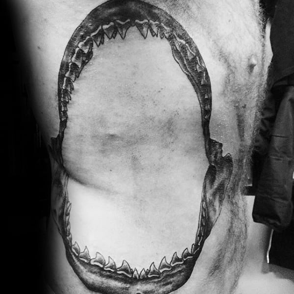 Rib Cage Side Large Shark Jaw Mens Tattoos