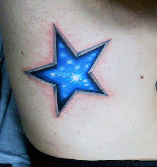 3D star tattoo with a glowing galaxy design inside, featuring a shooting star and deep blue tones for a cosmic, otherworldly effect.