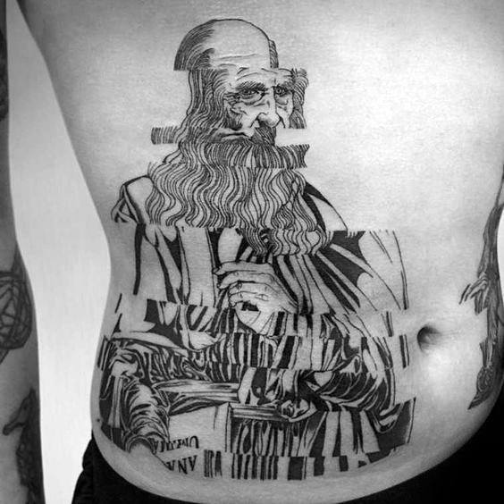 Glitch tattoo of Leonardo da Vinci with fragmented lines and digital distortion across his face, beard, and robe, creating a classical-meets-digital effect on the torso