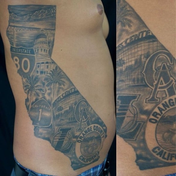 Rib Cage Side Male With California Tattoo