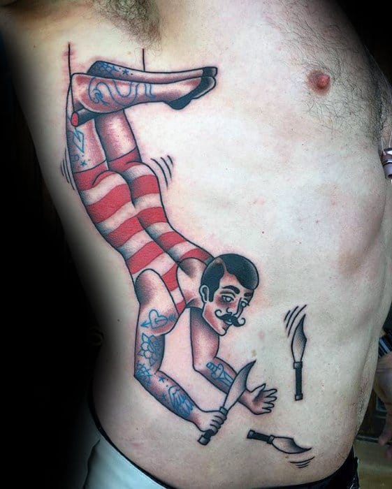 Rib Cage Side Male With Cool Circus Tattoo Design