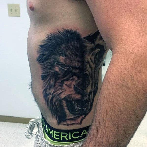 Rib Cage Side Manly Lion Skull Male Tattoo Inspiration