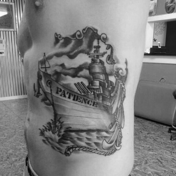 Tattoo design of battleship named "Patience" with waves and clouds on a person's side