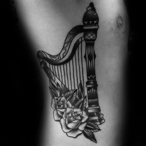 Rib Cage Side Masculine Harp Tattoos For Men