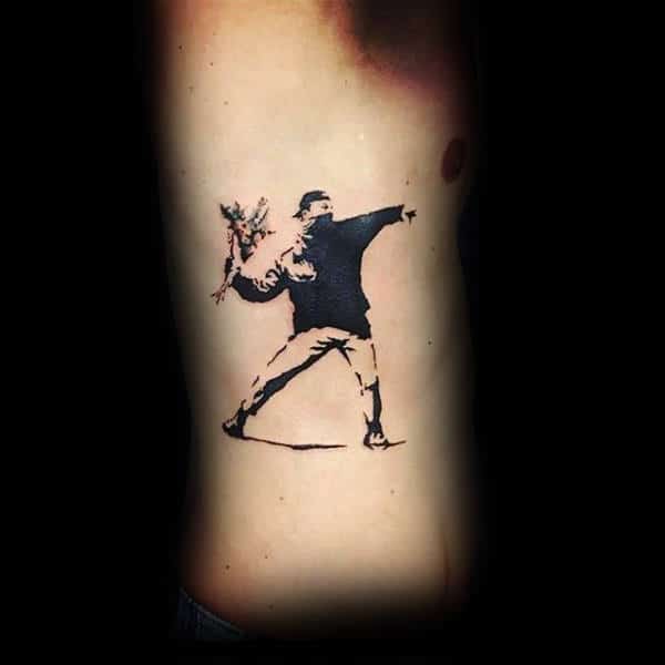Rib Cage Side Mens Banksy Guy Throwing Flower Tattoo