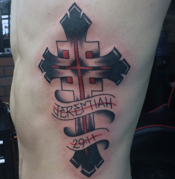 Rib Cage Side Mens Bible Scriptures Tattoo Jeremiah 29 11 With Abstract Cross
