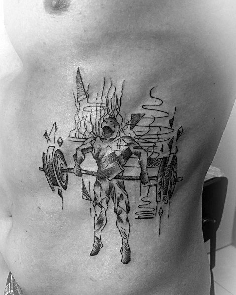 Sketch-style tattoo of a weightlifter performing a deadlift, featuring abstract lines and shading, symbolizing power, resilience, and mental strength.