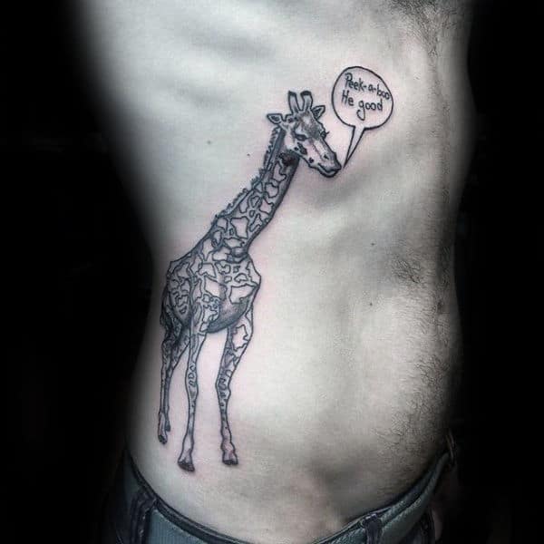 Rib Cage Side Mens Giraffe Talking Tattoo