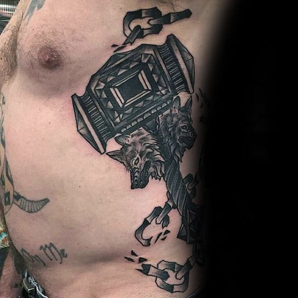 Rib Cage Side Mens Mjolnir With Chains Tattoo