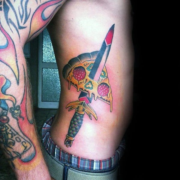 Rib Cage Side Mens Pizza Sword Tattoo Design Inspiration