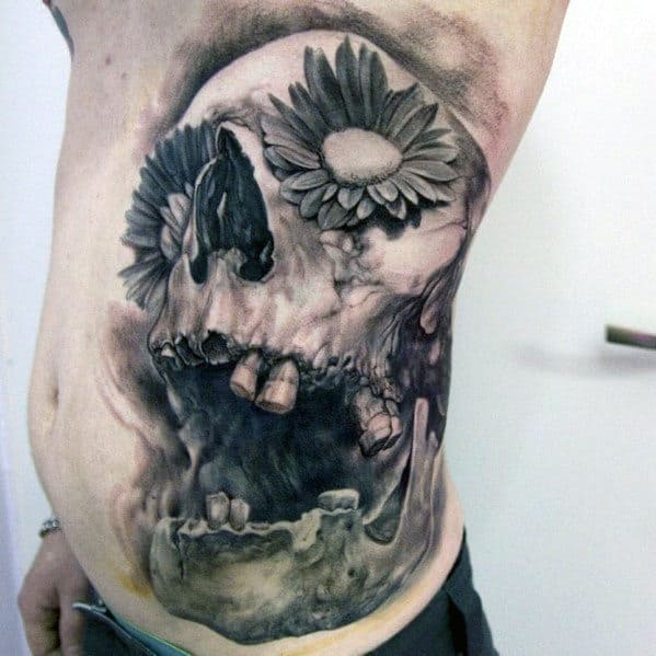 Rib Cage Side Mens Realistic Skull With Flower Eyes Tattoo