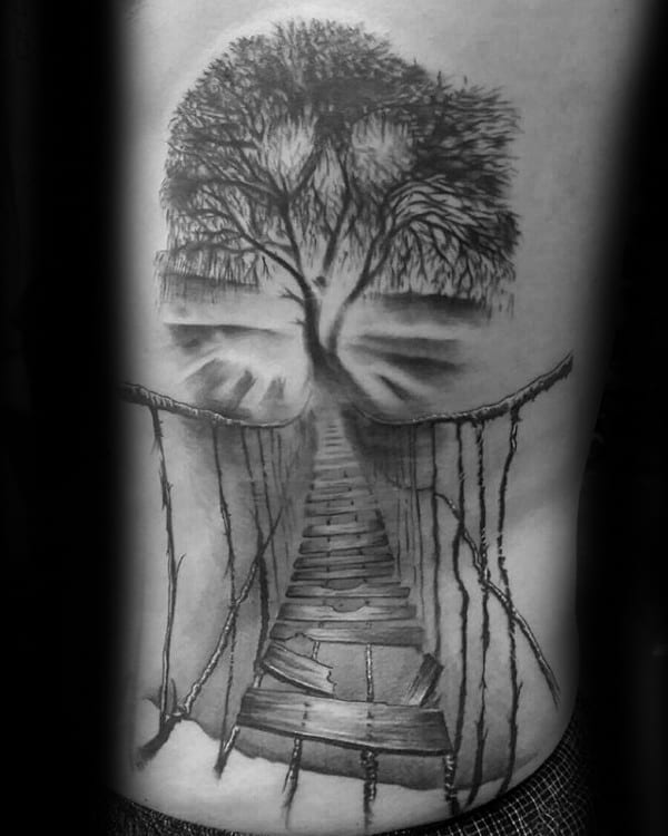 Rib Cage Side Mens Rope Bridge Tree Tattoos