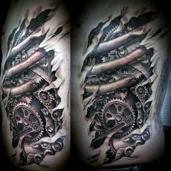 Rib Cage Side Mens Skin Rip Tattoo Of Gears