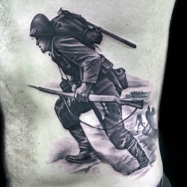 Rib Cage Side Mens Solider Army Tattoo Design Inspiration