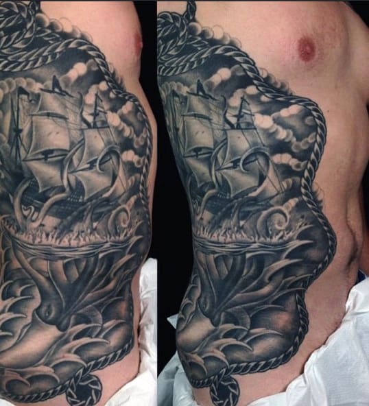 Rib Cage Side Mens Squid And Sailing Ship Tattoos