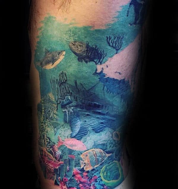 Rib Cage Side Mens Sunken Ship Coral Reef Tattoo With Watercolor Design