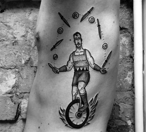 Rib Cage Side Mens Tattoo Circus Juggler Riding Unicycle Design