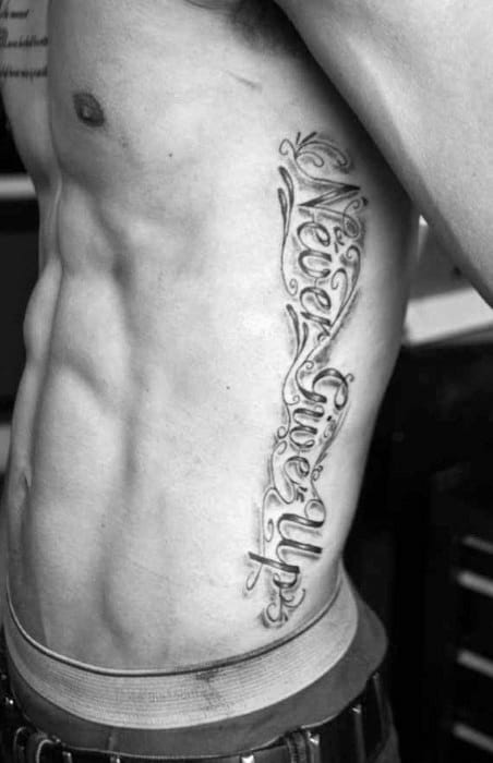 Rib Cage Side Mens Tattoo With Never Give Up Design