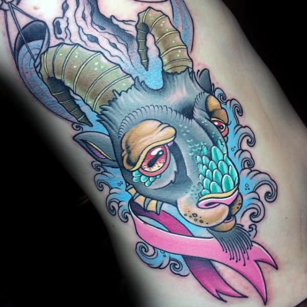 Rib Cage Side New School Mens Capricorn Goat Tattoos