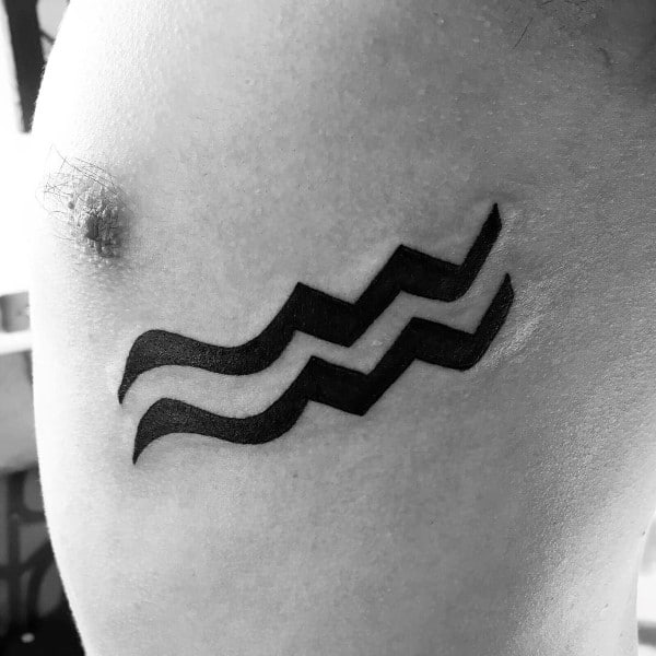 Rib Cage Side Of Body Aquarius Symbol Black Ink Tattoo On Male