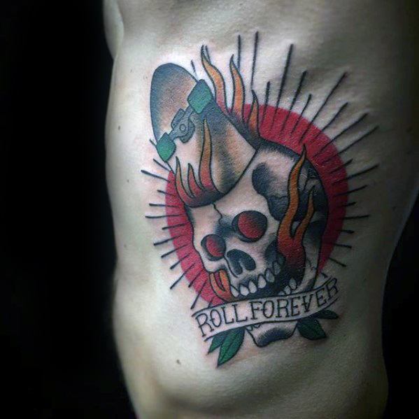 Bold neo-traditional tattoo of a flaming skull with a skateboard and the banner "Roll Forever," using vibrant red, green, and black tones.