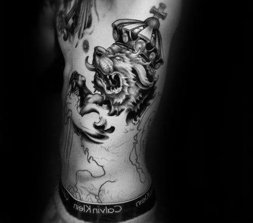 Rib Cage Side Of Body Male Lion With Crown Tattoo Designs