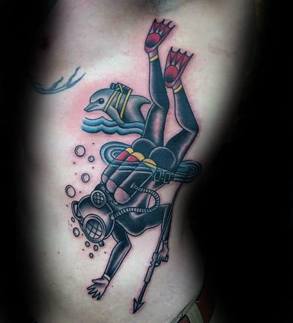Rib Cage Side Old School Diver Tattoo Ideas On Guys