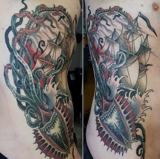 Rib Cage Side Old School Kraken Tattoos For Men