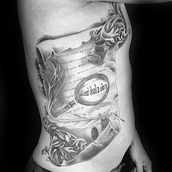 Rib Cage Side Paper Scroll Quill Tattoo Ideas For Gentlemen