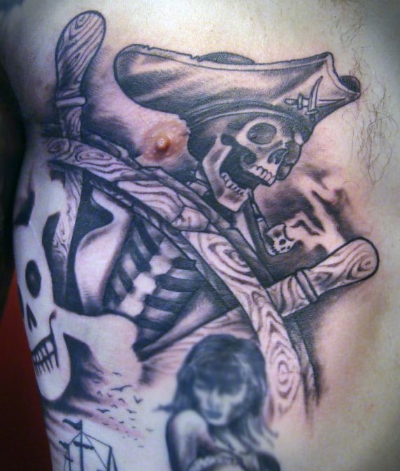 Rib Cage Side Pirate Theme Men's Tattoos