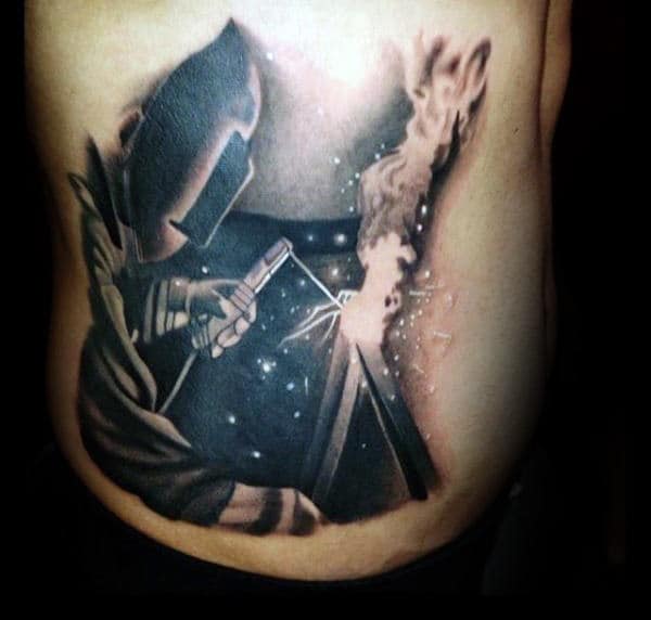 Rib Cage Side Realistic Welding Tattoos On Man