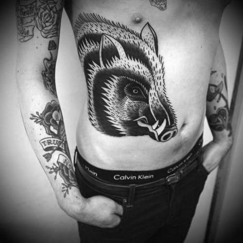 Rib Cage Side Retro Boar Head Male Tattoos