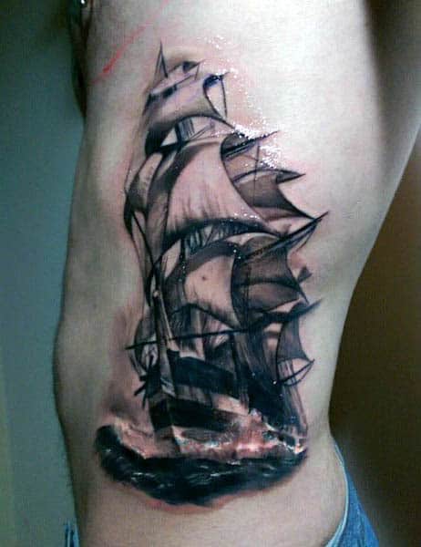 Rib Cage Side Sail Boat Tattoo For Men