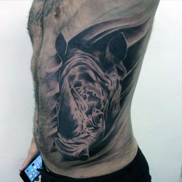 Rib Cage Side Shaded Rhino Male Tattoo Ideas