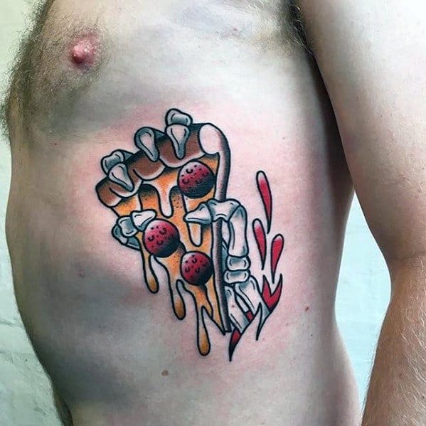 Rib Cage Side Skeleton Hand Pizza Tattoo Design On Man
