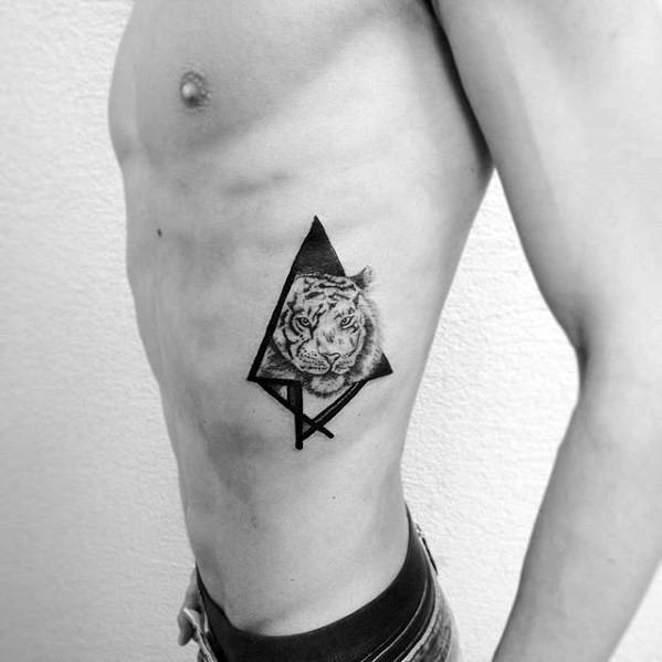 Rib Cage Side Small Manly Tiger Geometric Male Tattoo Ideas
