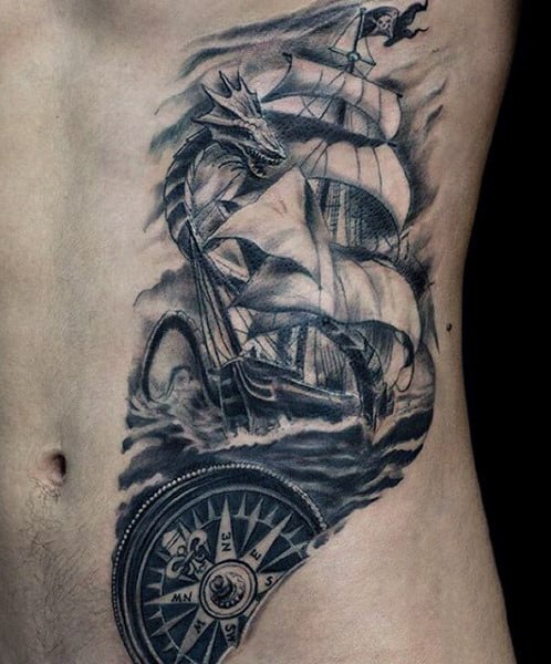 Rib Cage Side Small Ship Tattoo For Guys
