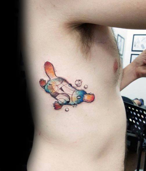 Rib Cage Side Small Watercolor Platypus Guys Tattoo Designs