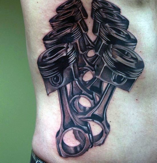 Realistic tattoo of mechanical engine pistons and connecting rods on a side torso