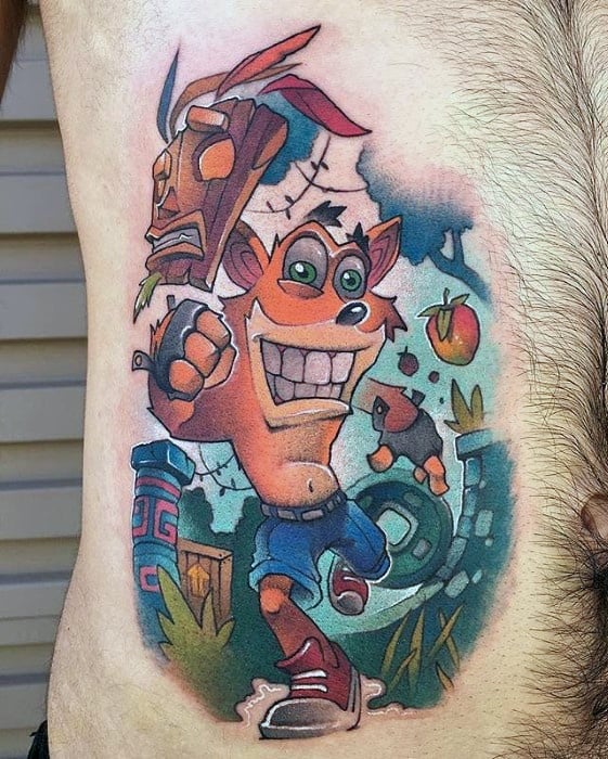 Rib Cage Side Video Game Themed Male Cool Crash Bandicoot Tattoo Ideas