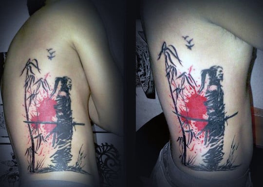 Rib Cage Side Watercolor Red Ink Samurai Warrior Bamboo Tattoo For Men