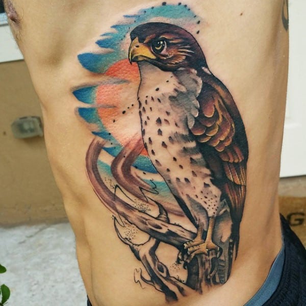 Hawk tattoo with colorful background on a person's side torso