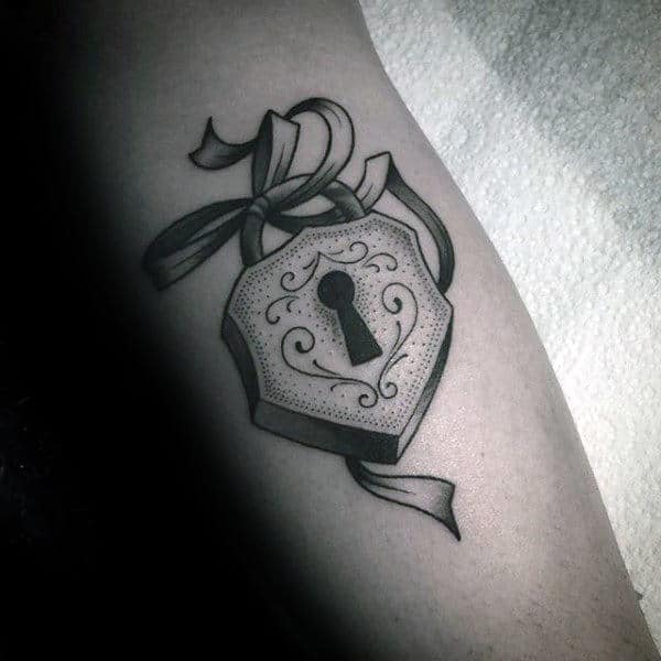 Ribbon Lock Dotwork Mens Forearm Tattoo