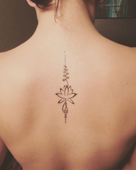 Unalome tattoo with a lotus on the upper back, symbolizing spiritual growth, enlightenment, and the path to inner peace.