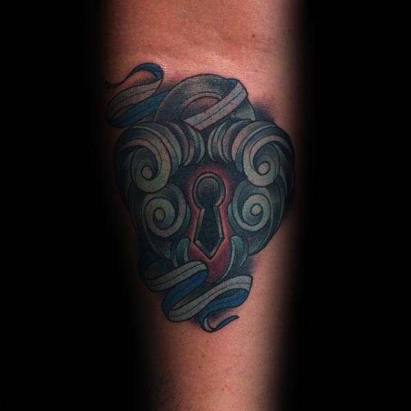 Ribbon Surronding Lock Mens Inner Forearm Tattoos