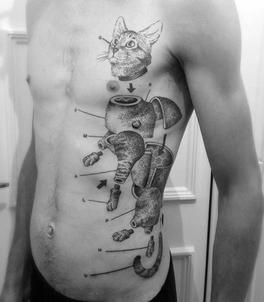 Black and grey ribcage tattoo featuring a detailed mechanical cat with an exploded diagram style, showcasing numbered parts and intricate shading.